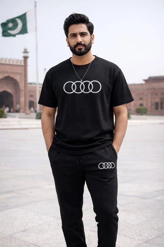 Audi Logo Track Suit Black Slim Fit 2-Piece Set for Men