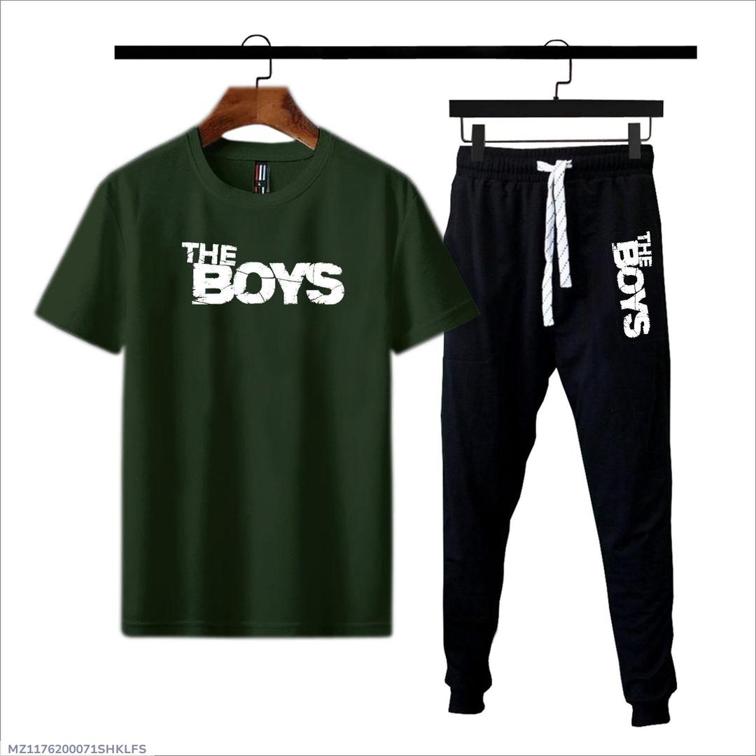 Men Green Printed Track Suit 2 Pcs Cotton Jersey