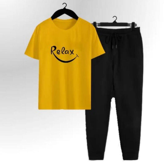 Men Cotton Track Suit Yellow Relax Print Black Drawstring Waist