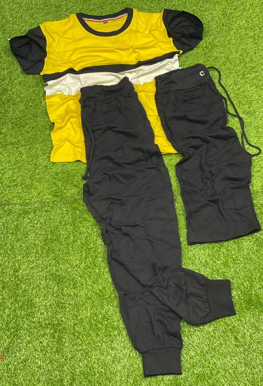 Men's 3-Piece Track Suit Yellow Black Cotton Jersey Medium to XL