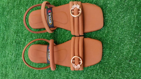 Women's Trendy Brown Leather Flat Sandals with Ring Decor