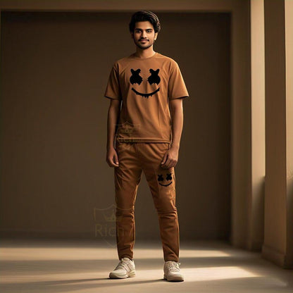 Men Micro Print Track Suit Brown Eid Festive Wear