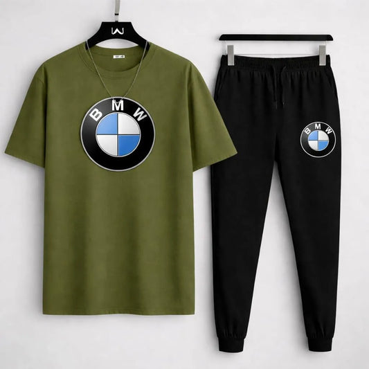 Men BMW Printed Green Track Suit Set 2Pcs Polyester