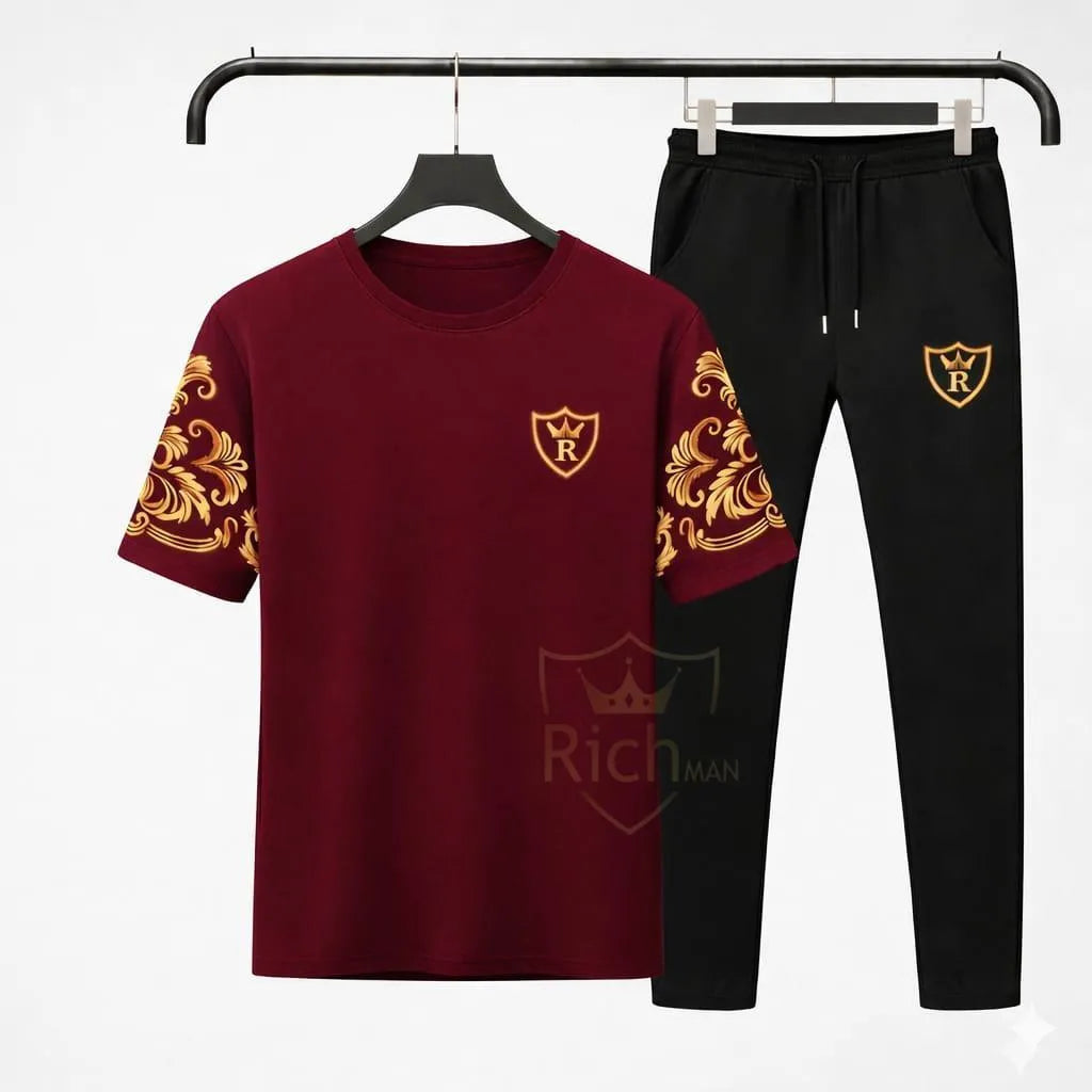 Men Maroon Richman Royal Printed Track Suit Cotton Summer Set