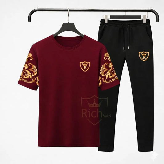 Men Maroon Richman Royal Printed Track Suit Cotton Summer Set