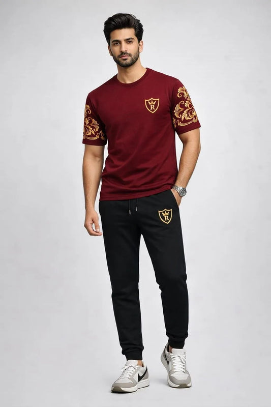 Men Maroon Richman Royal Printed Track Suit Cotton Summer Set