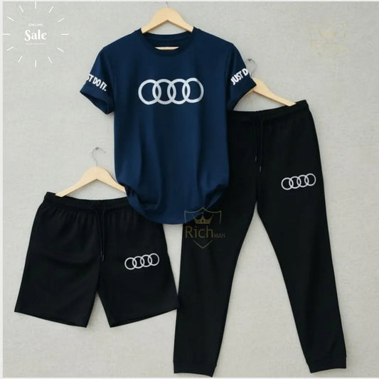 Audi Logo Tracksuit Set for Men Cotton Black Shorts