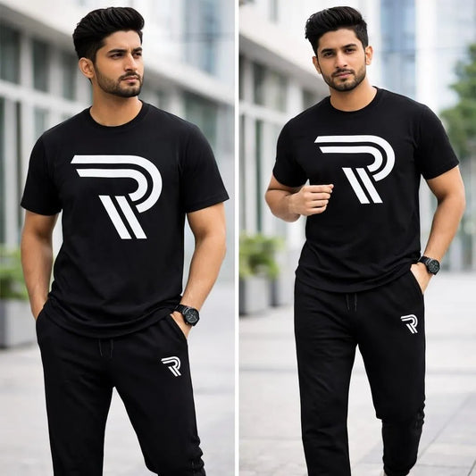 Men Black R-Logo Track Suit Set Slim Fit Cotton