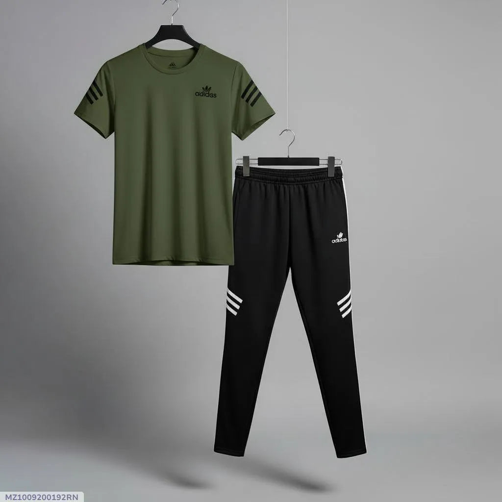 Men Green Track Suit with Black Pants & White Stripes