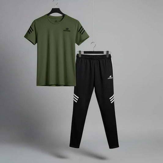 Men Green Track Suit with Black Pants & White Stripes