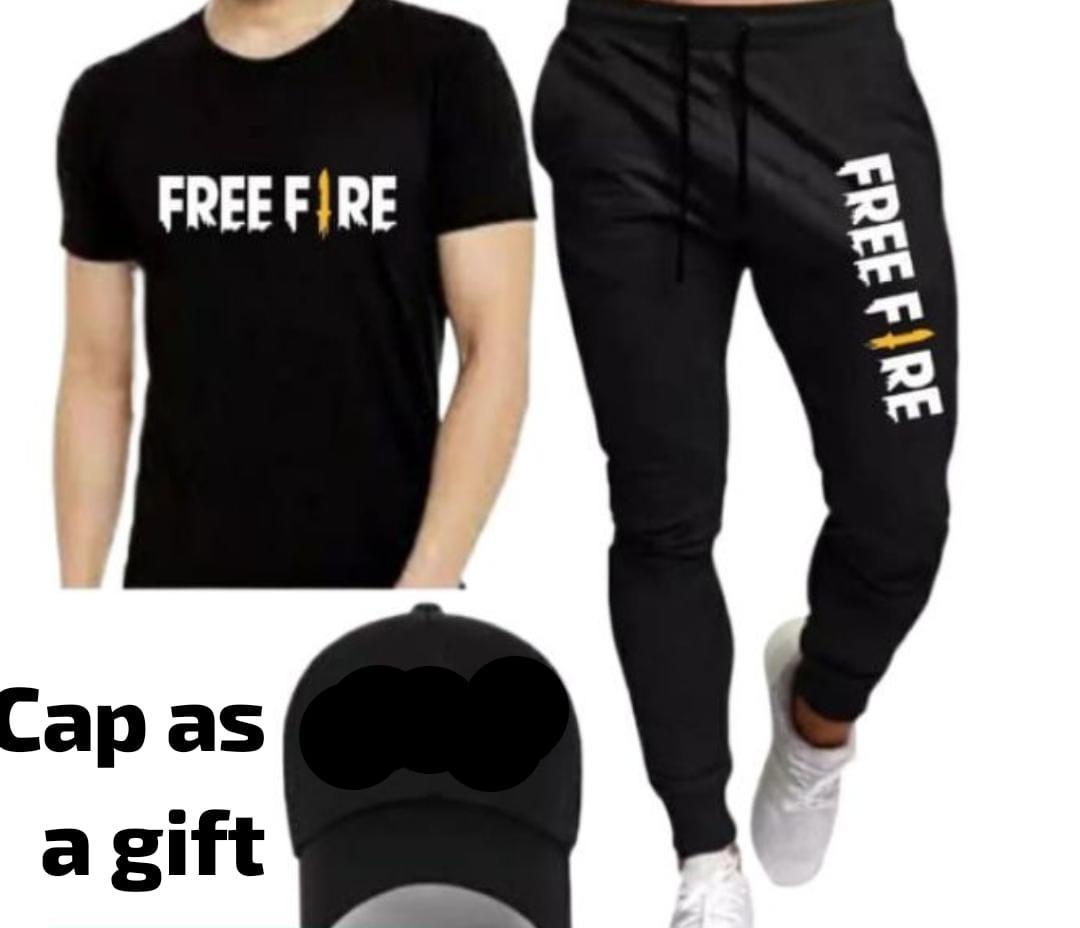 Men Printed Track Suit Set Free Fire Cap Black Medium to XL