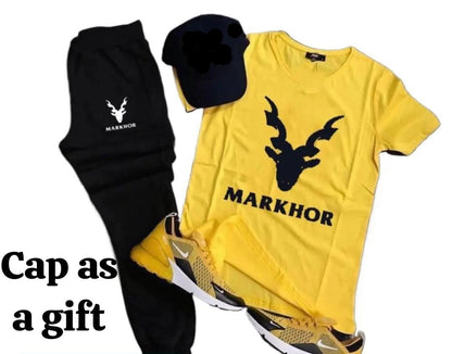 Men Yellow Printed Track Suit with Cap 2 Pcs