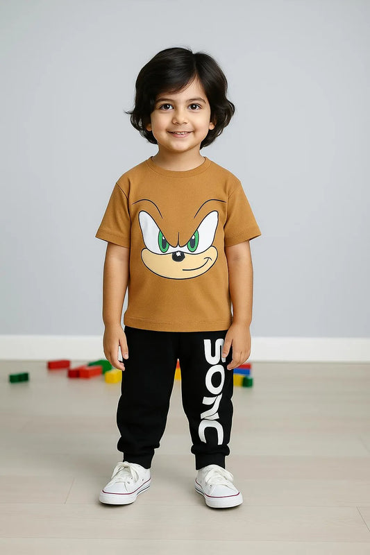 Kids Sonic Printed 2-Piece Tracksuit Brown Polyester