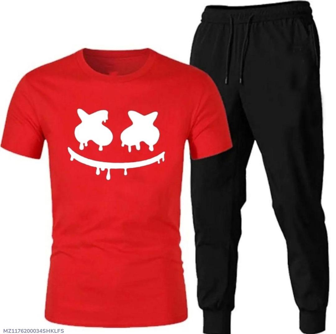Men Red Printed Track Suit 2Pcs Cotton Jersey Slim Fit