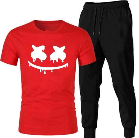 Men Red Printed Track Suit 2Pcs Cotton Jersey Slim Fit