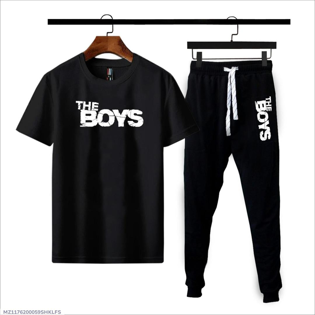 Men Black Printed Cotton Track Suit 2Pcs