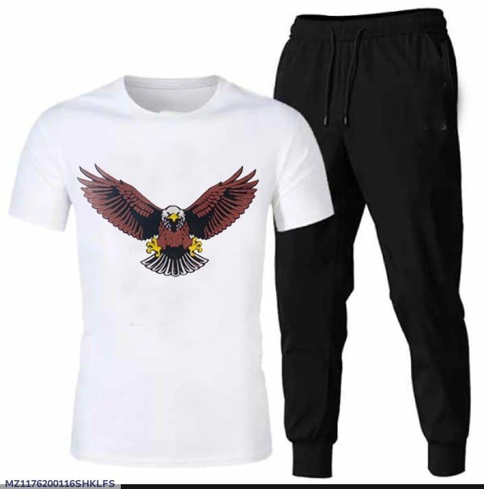 Men Cotton Eagle Print Track Suit White Black Medium to XL