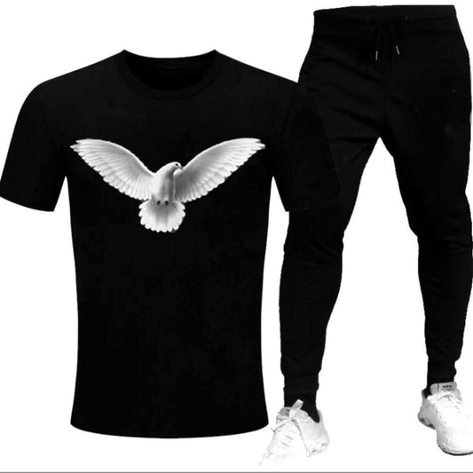 Black Cotton Track Suit with Dove Print for Men Medium to XL