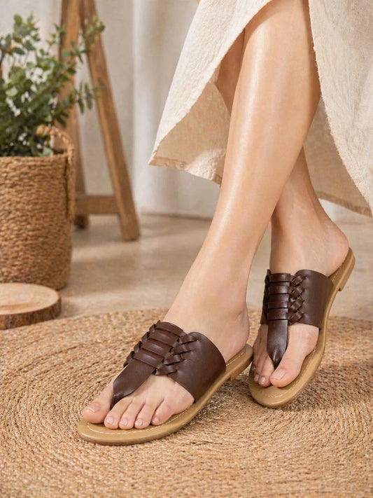 Brown Leather Slippers with Strap for Women