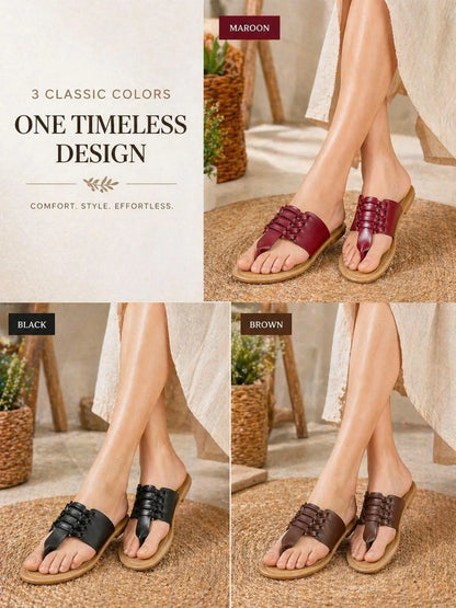 Brown Leather Slippers with Strap for Women