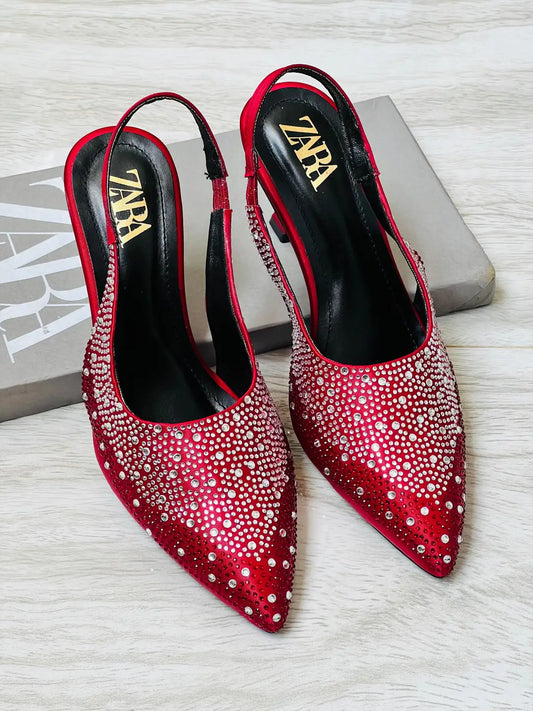 ZARA Stone Heels for Women – Rhinestone Slingback Pointed Toe Party Heels with Brand Box