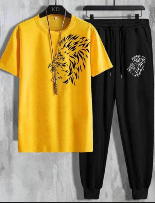 Men Polyester Lion Print Track Suit Yellow Black 2Pcs