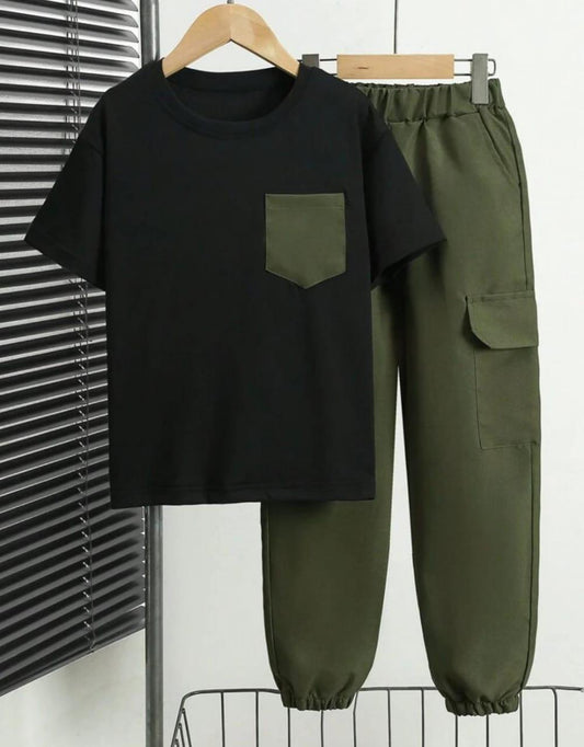 Men's Black T-Shirt + Olive Green Cargo Pants Set