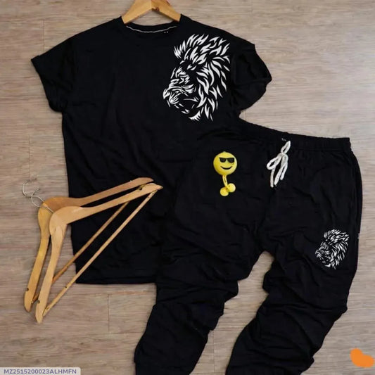 Men Black Lion Print Track Suit 2Pcs