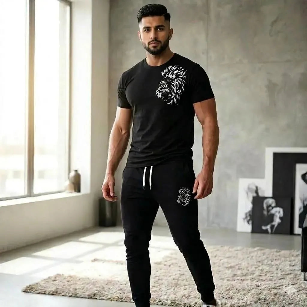 Men Black Lion Print Track Suit 2Pcs