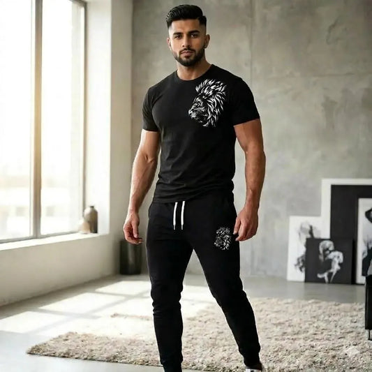Men Black Lion Print Track Suit 2Pcs