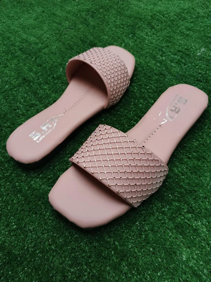 Women Synthetic Leather Rhinestone Flats Pink Size 6-10