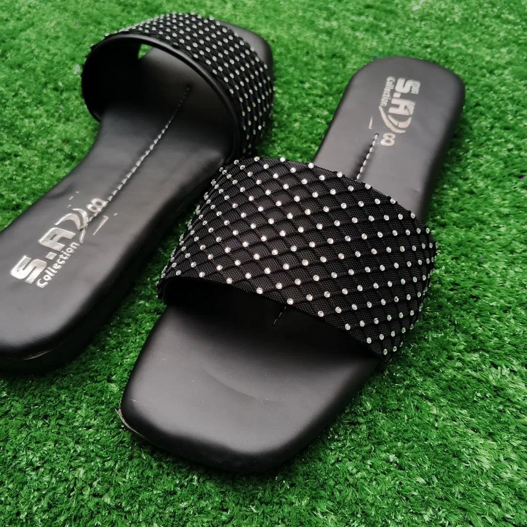 Black Rhinestone Women's Flat Slippers Size 6-10