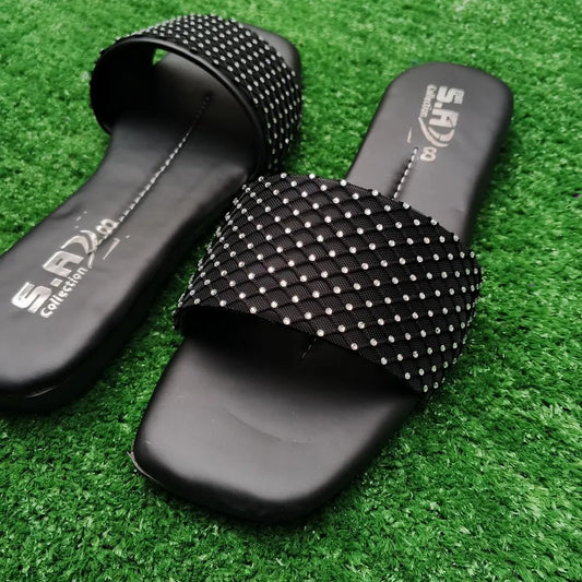 Black Rhinestone Women's Flat Slippers Size 6-10