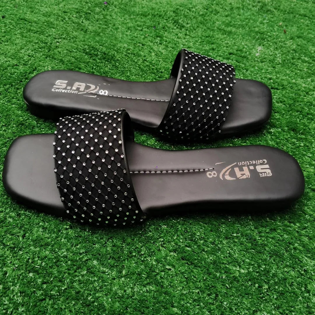 Black Rhinestone Women's Flat Slippers Size 6-10