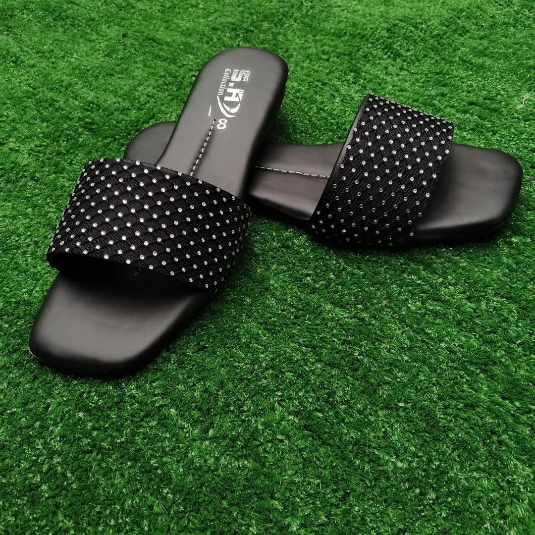 Black Rhinestone Women's Flat Slippers Size 6-10