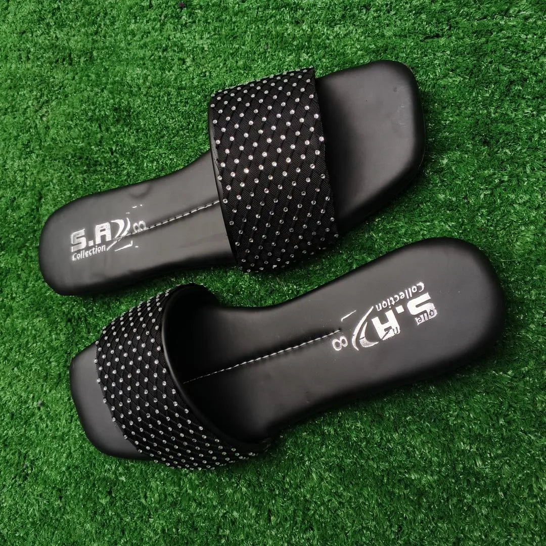Black Rhinestone Women's Flat Slippers Size 6-10
