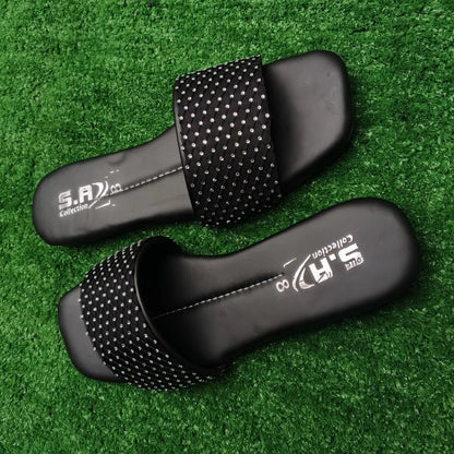 Black Rhinestone Women's Flat Slippers Size 6-10