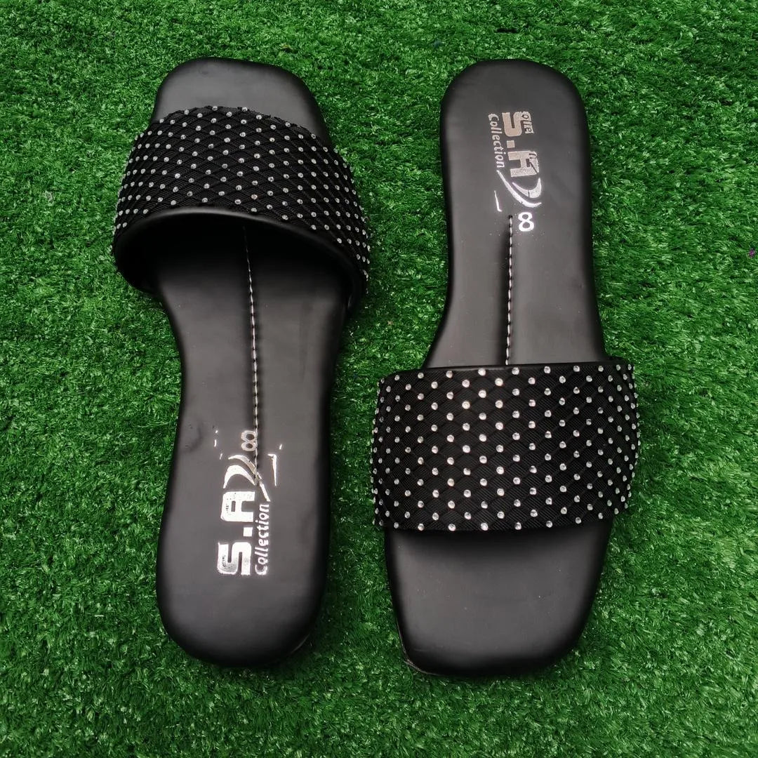 Black Rhinestone Women's Flat Slippers Size 6-10