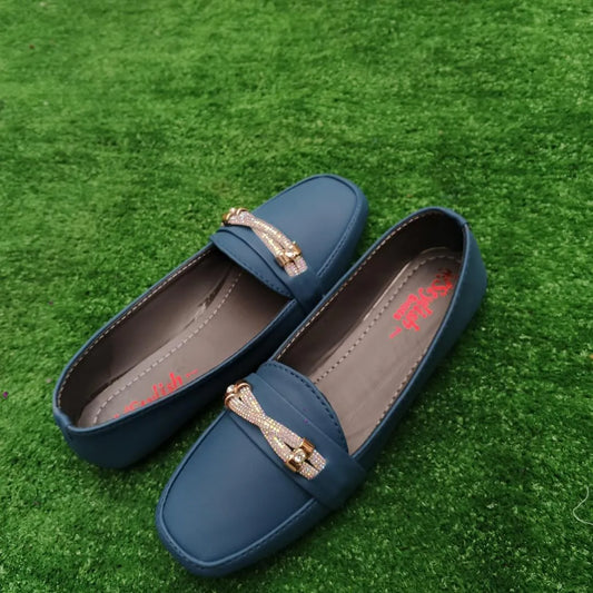 Blue Women's Synthetic Leather Loafers with Sparkly Buckle