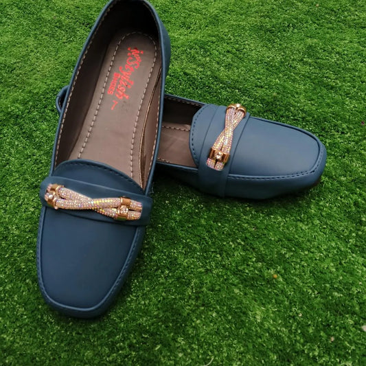 Blue Women's Synthetic Leather Loafers with Sparkly Buckle