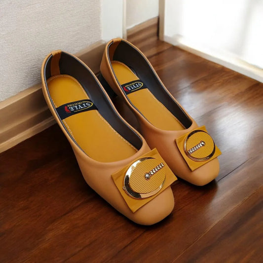 Yellow Square Toe Women's Pumps with Buckle Detail