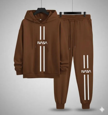 Men NASA Printed Track Suit Brown Polyester Hoodie Trousers