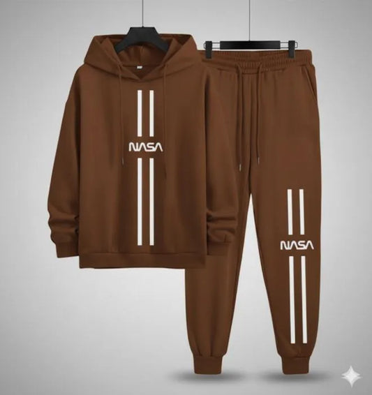Men NASA Printed Track Suit Brown Polyester Hoodie Trousers