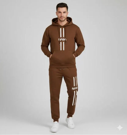 Men NASA Printed Track Suit Brown Polyester Hoodie Trousers