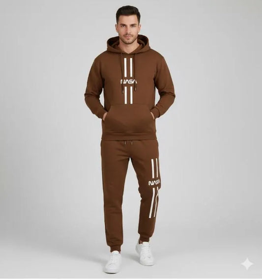 Men NASA Printed Track Suit Brown Polyester Hoodie Trousers