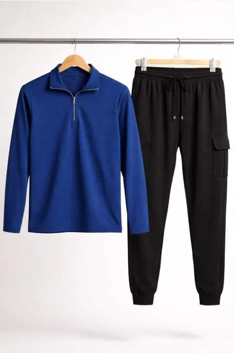 Men Blue Zip Hoodie & Black Sweatpants Set