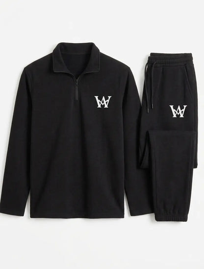 2 Pcs Men's Premium Tracksuit - Stylish Half Zip Shirt & Trouser Set | Black Athletic Gym & Casual Wear