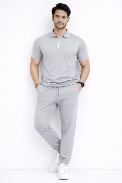 Men Grey Polyester Slim Fit Track Suit Set with Polo Shirt