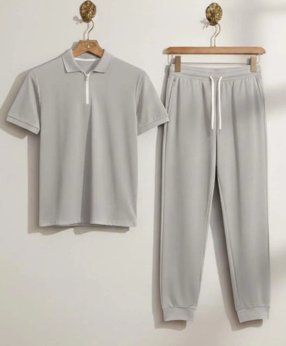 Men Grey Polyester Slim Fit Track Suit Set with Polo Shirt