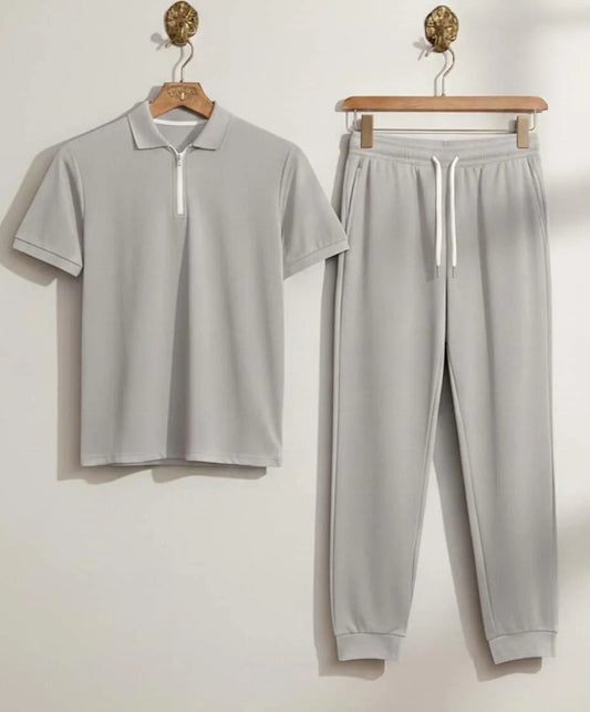 Men Grey Polyester Slim Fit Track Suit Set with Polo Shirt